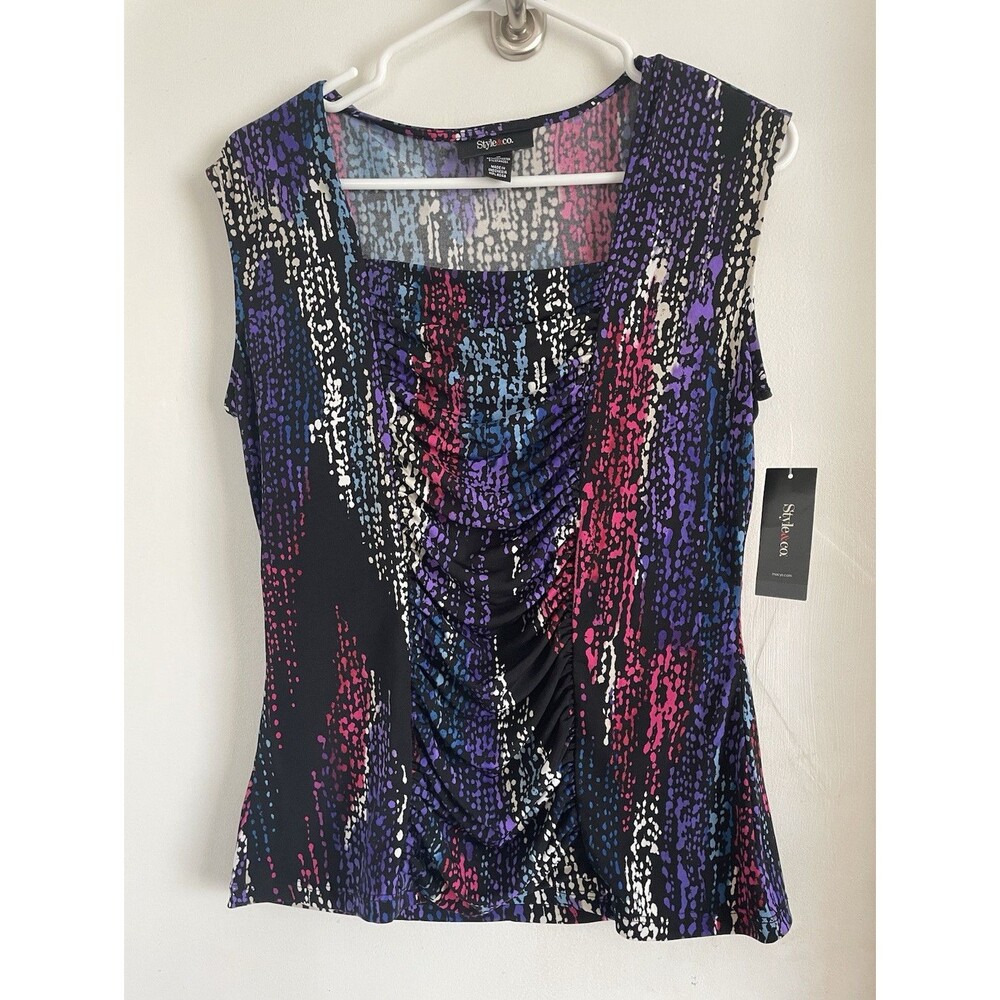 Style & Co. Women's Abstract Ruched Square Neck Sleeveless Stretch Knit Top M
